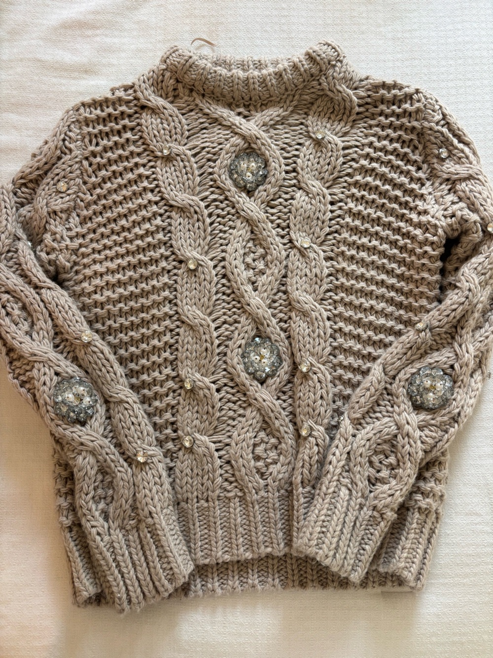 Zara Chunky Cable Knit Sweater with Embellished Accents - Taupe